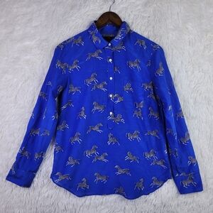 J. Crew Zebra Popover Shirt Sz 8 Half Button Blue LS Roll Tab Cotton Silk Blend
